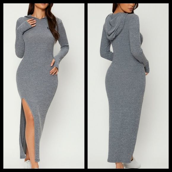 Gray Hooded Thumb Hole Long Sleeve Maxi Dress Small NWOT - Picture 1 of 5
